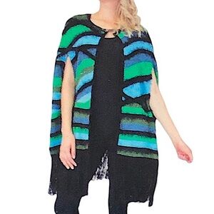 Vertigo Paris Soft Blue, Green, &Black Fringe Cape Poncho Sweater Size S / M NEW
